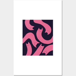 cat pattern aesthetic illustration pink purple black Posters and Art